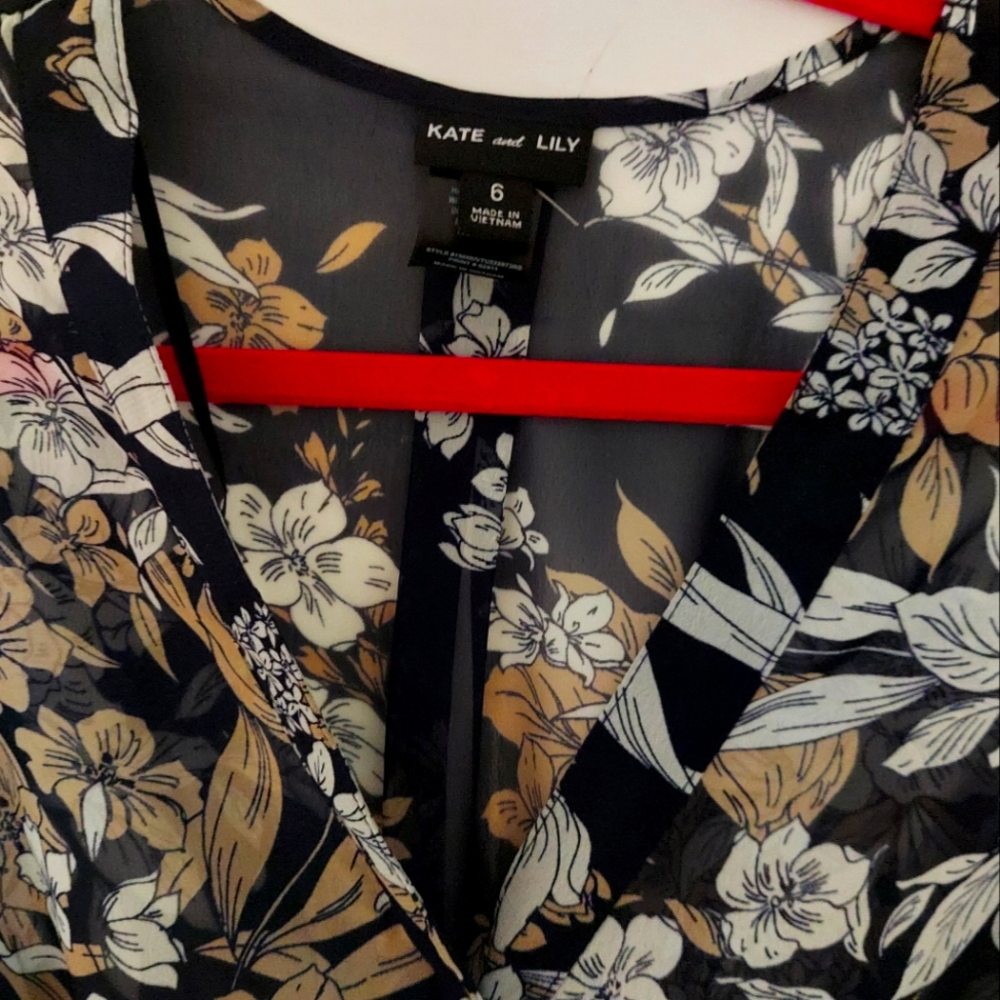 Kate & Lily Sheer Floral Midi Dress | Navy Blue Tan White | Size 6